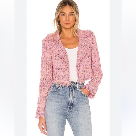 Revolve Lovers + Friends Paola Cropped Jacket Pink Tweed Gold Metallic Small - Picture 1 of 5